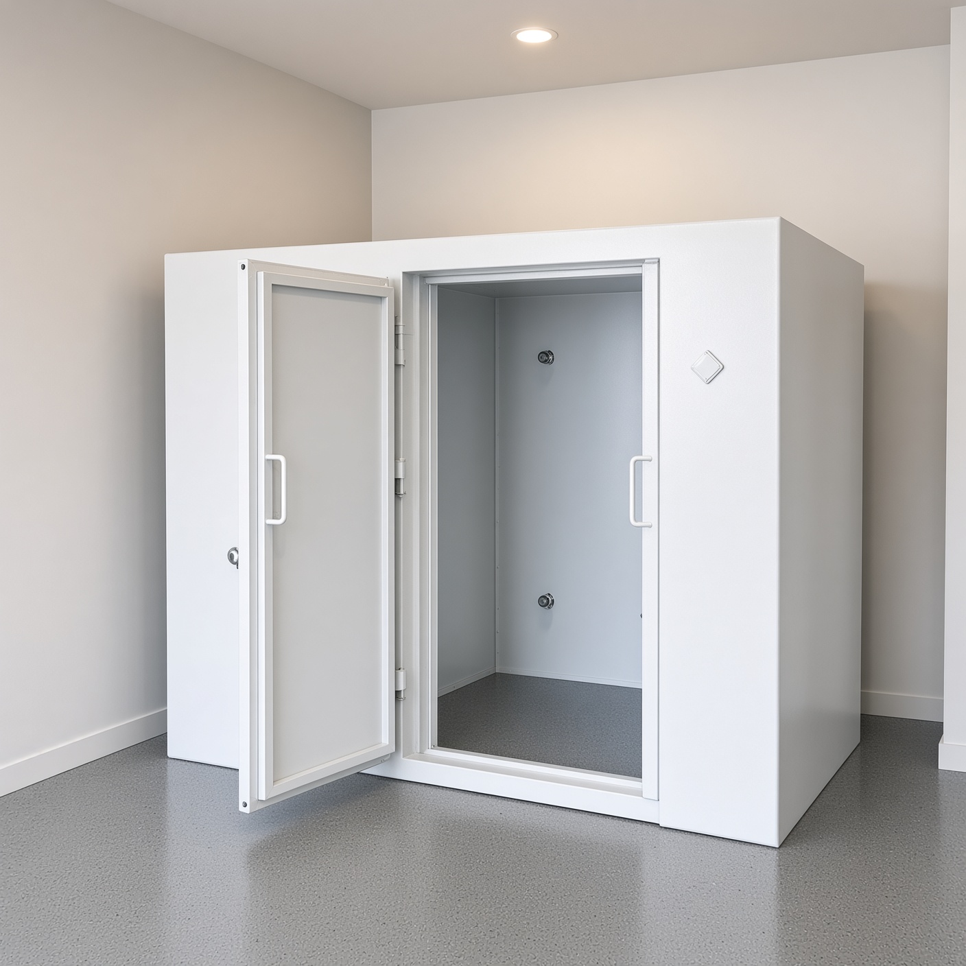White above-ground FlatSafe tornado safe room with steel doors open